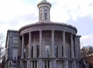 The Merchants' Exchange Building at the intersection of Walnut and S. Third Streets in the Old City neighborhood of Philadelphia, Pennsylvania was built in 1834 and was designed by William Strickland in the Greek revival style.  The oldest stock