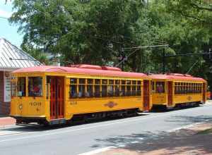 Two River Rail streetcars pause at the Historic Arkansas Museum stop, Little Rock, Arkansas.