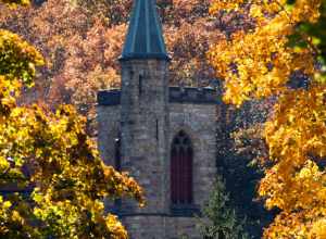 The church tower among fall colors in Jim Thorpe