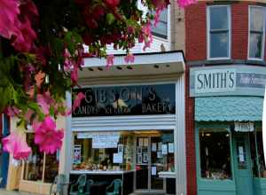Facing Tappan Square - Gibson's Bakery and Smith's Home Furnishings.  Fisheye perspective.