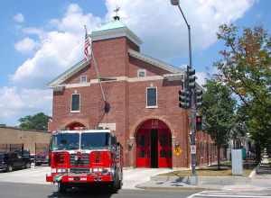 Truck House No. 13 on the NRHP since June 6, 2007. At 1342 Florida Ave. NE, Washington, D.C.  Note Engine No. 10 (the "Dime") leaving the house to go on a call.  Part of the NRHP MPS for Firehouses in Washington, DC.