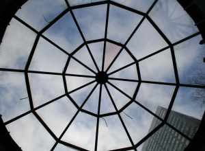 Sky view through the dome in Woodruff Park in Atlanta, Georgia.