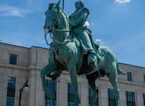 Lafayette Statue in Hartford, Connecticut, dedicated 1932. By sculptor Paul Wayland Bartlett, is a copy of a 1907 statue in Paris. The horse wears a (temporary) COVID-19 protective mask.