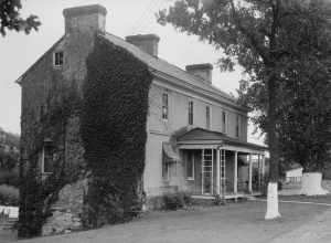 Front of the Hale-Byrnes House, located at the junction of Delaware Routes 4 and 7 in Stanton, Delaware, United States.  Built in 1750, the house is listed o the National Register of Historic Places.