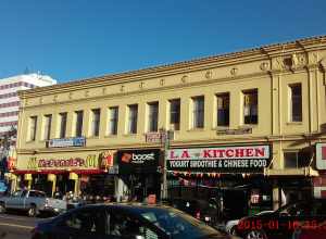 East side of Alvarado Street seen from its west side, the far eastern edge of MacArthur Park, Los Angeles, CA, USA