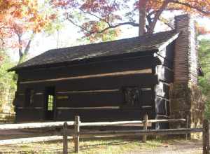 Northern side (rear) of the Richard Lieber Log Cabin, located on the grounds of Turkey Run State Park north of Marshall in Sugar Creek Township, Parke County, Indiana, United States.  Built in 1848 and completely rebuilt in 1918, it is listed on the