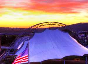 Morning breaks over nTelos Wireless Pavilion in Charlottesville, Virginia.