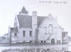 A church damaged by flood waters in Fargo, ND; April 1897.