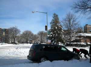 A Nissan Quest minivan stuck in the snow at 20th Street and Massachusetts Avenue, N.W., in the Dupont Circle neighborhood of Washington, D.C., following the North American blizzard of 2010.