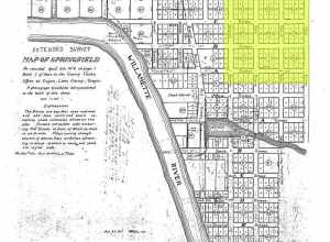 The highlighted area shows the southwest quarter of what would become the Washburne Historic District in Springfield, Oregon
