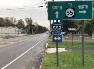 View south along Cumberland County Route 555 (Main Road) at Cumberland County Route 552 (Sherman Avenue) in Vineland, Cumberland County, New Jersey