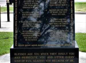 The Beatitudes monument (the reverse of the Ten Commandments monument) in front of the Cathedral of St. Mary in Fargo, North Dakota.