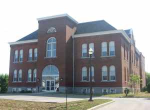 Front and southern side of the Central Avenue School, located at 2120 Central Avenue in Anderson, Indiana, United States.  Built in 1891 and since converted into apartments, it is listed on the National Register of Historic Places.