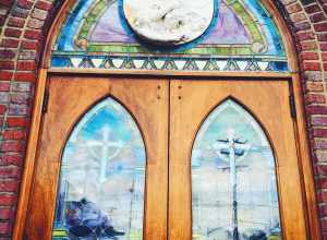 Front doors of St. Benedict Roman Catholic Church in Greensboro, North Carolina