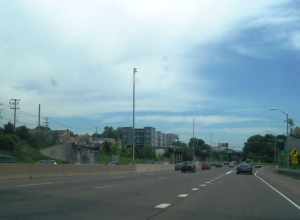 Photo of northbound Interstate 95 (Governor John Davis Lodge Turnpike) in Norwalk, Connecticut at the site of the former Fairfield Avenue overpass. The overpass was damaged after a May 2, 2024 tanker truck crash and fire. The overpass was