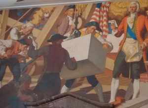 The mural Laying the Cornerstone of Old East by Dean Cornwell, inside the Chapel Hill Post Office. One of the murals of Chapel Hill.