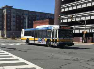 MBTA route 136 bus on Centre Street in April 2018