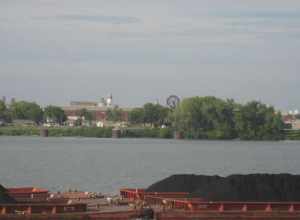 Comprehensive view of the Ohio Falls Car and Locomotive Company Historic District in Jeffersonville, Indiana, United States.  The complex has been ruled eligible for the National Register of Historic Places.  Photo is taken from a pedestrian walkway