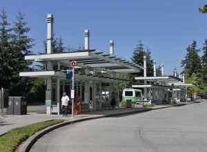 The bus bays at Overlake Transit Center, a bus station in Redmond, Washington, near the Microsoft headquarters. In 2023, it will become the terminus of the Eastern line of Link light rail, at which point new bus bays will be built.