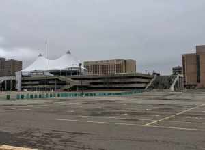 As seen in December 2020: the Phoenix Center, the centerpiece of Pontiac, Michigan's downtown district, a monument to the city's urban renewal era, and - in the words of the Oakland Press - "a massive concrete metaphor for what the city has