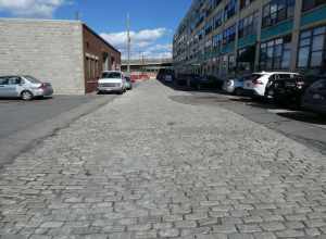Sett paving on Fitchburg Street in March 2022