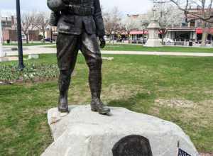 World War I "Doughboy" Statue Memorial on the south side of the Taunton Green. Massachusetts. "Erected in memory of all deceased comrades by the David F. Adams Post No. 611 Veterans of foreign Wars of the U.S.A. and their friends July 5, 1937"