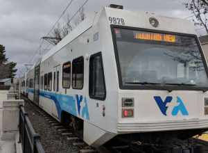Santa Clara Valley Transportation Authority light rail vehicle built Kinki Sharyo at Winchester station in Campbell, California.