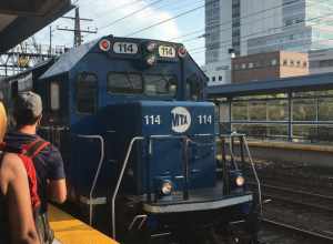 A Waterbury Branch train at Bridgeport station in July 2018