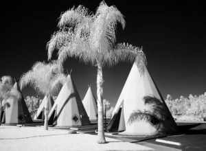 Infrared view of the Wigwam Motel on Route 66 in Rialto, California.