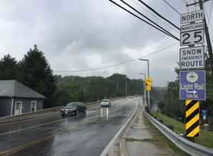 View north along Maryland State Route 25 (Falls Road) at Lakeside Drive in Towson, Baltimore County, Maryland