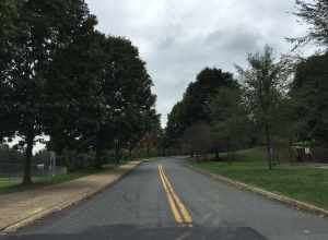 View south at the north end of Virginia State Route 302 (Massie Road) at the University of Virginia in Charlottesville, Virginia