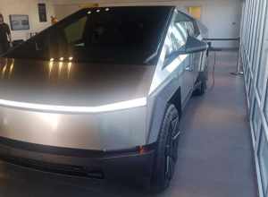 right front view of production-level 2023 Tesla Cybertruck, at Tesla showroom