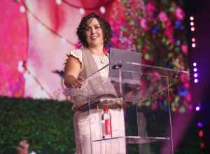 Abbie Halberstadt speaking with attendees at the 2024 Young Women's Leadership Summit at the San Antonio Marriott Rivercenter on the River Walk in San Antonio, Texas.
