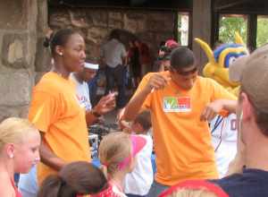 Plenette Pierson is the Shock's best dancer. Cheryl Ford tries to keep up.