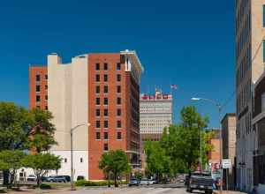 Austin Avenue in downtown Waco, Texas -- buildings along Austin Avenue and the Waco, Texas skyline.