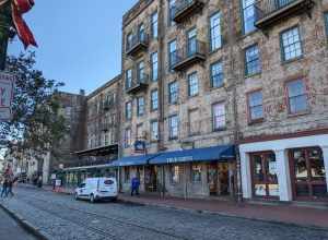 Former warehouses (now restaurants and other businesses), facing River Street on the Savannah Riverfront.