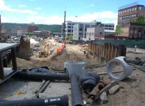Looking west at Getty Square construction on a sunny early afternoon.  See en:Talk:Getty Square; this may actually be Larkin Plaza.