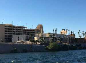 The Golden Nugget Laughlin casino and hotel, as seen from the Colorado River in 2018