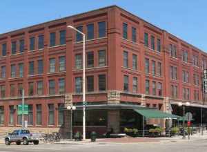 Haymarket District in Lincoln, Nebraska: northwest corner of 8th and P Streets.  P runs westward to the left; 8th runs northward at the right edge of the photo.