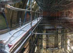 Restoration/conservation work being done on the lunette paintings located over the West Grand Staircase at the Minnesota State Capitol.