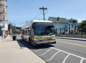 MBTA route 111 bus on Washington Street at Bellingham Square station in July 2021