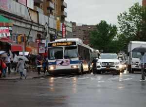 A Ridgewood Terminal-bound Q58 local bus entering service at the route's terminus at Main Street and 41st Road in Downtown Flushing, Queens.