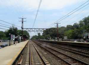 Riverside station viewed from the rear of a Grand Central-bound New Haven Line train in July 2019