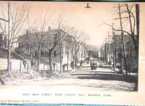Undivided back postcard of West Main Street in Meriden, Connecticut, looking east from Linsley Hill