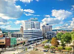 View of downtown Wilkes-Barre, Pennsylvania, with Public Square in the foreground and the mountains of the upper valley ridge in the background.