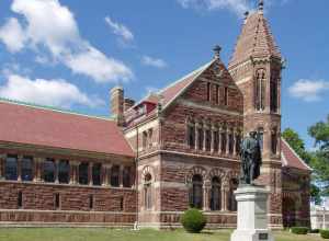 Library in Woburn, Massachusetts. The building was designed by noted architect H. H. Richardson. The statue is of native son Benjamin Thompson, Count Rumford; it is a copy of the original by Caspar Zumbusch in Munich, Germany. Photograph taken by me,
