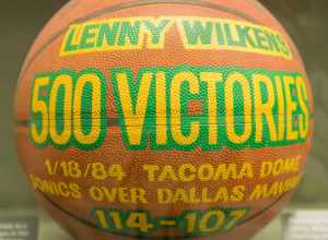 Basketball from the 1985 game in which Lenny WIlkens recorded his 500th NBA coaching victory. WIlkens is one of only two individuals enshrined in the Baseketball Hall of Fame as a player and a coach.