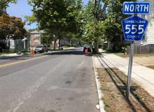 View north along Cumberland County Route 555 (Third Street) just north of New Jersey State Route 49 (Main Street) in Millville, Cumberland County, New Jersey