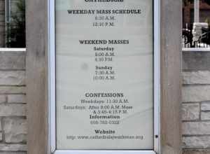 The sign in front of the Cathedral of Saint Joseph the Workman in La Crosse, Wisconsin.