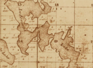 This clipping from R. Cook's "Sectional Map of Hennepin Co. Minnesota Showing Cities, Townships, Townsites, Roads &amp; RailRoads" (1860) shows the contemporary Bush Lake (Bloomington, MN) as a bay on Andersons Lake (now the Anderson Lakes chain).